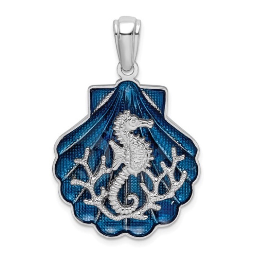 Sterling Silver Polished Enameled Blue Shell with Seahorse Pendant
